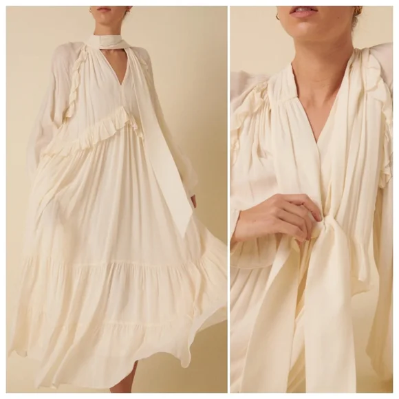 Nobody's Child | Ivory Bohana Ruffle Tie-Neck Flowing Midi Dress US 8 - Picture 2 of 8
